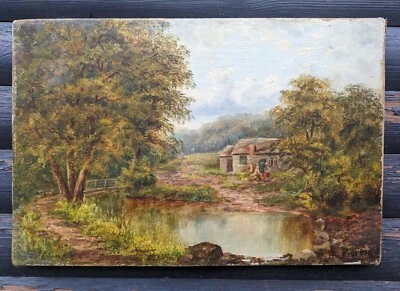 ANTIQUE OIL ON CANVAS VILLAGE SHEPHERD BRIDGE RIVER LANDSCAPE NATURE  - Image 1 of 4