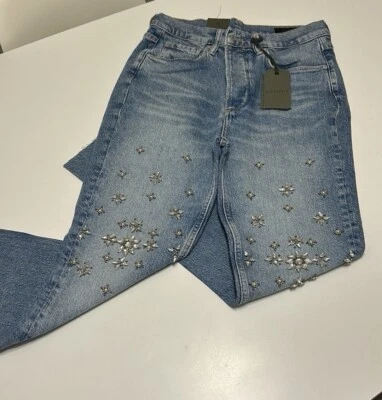 Pantalones de mezclilla All Saints Evie adornados cintura alta pierna recta elásticos al tobillo talla 27 Foto 1 de 4