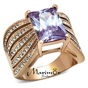 Womens Light Amethyst Emerald Cut CZ Stainless Steel Rose Gold Plated Ring 5-10 - Picture 1 of 6