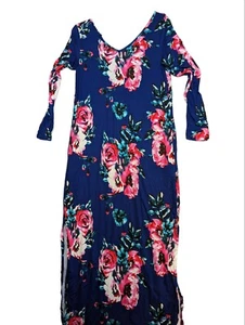 Women's Casual Loose Long Maxi Dress With Slits Long Sleeve V Neck Blue Floral S - Picture 1 of 7