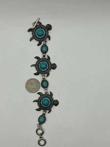 Silver Tone Faux Turquoise Rhinestones Turtle Chain Bracelet Toggle Clasp - Picture 1 of 3