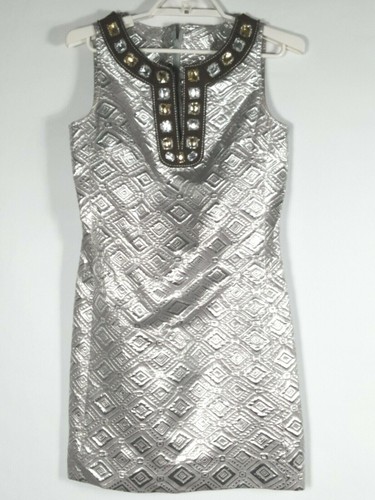 Abito tubino donna Tory Burch taglia 2 gioiello scollo a v senza maniche argento metallizzato