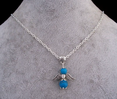 Turquoise Guardian Angel,Silver Plated Chain Necklace. Handmade In Gift Bag Foto 1 de 4