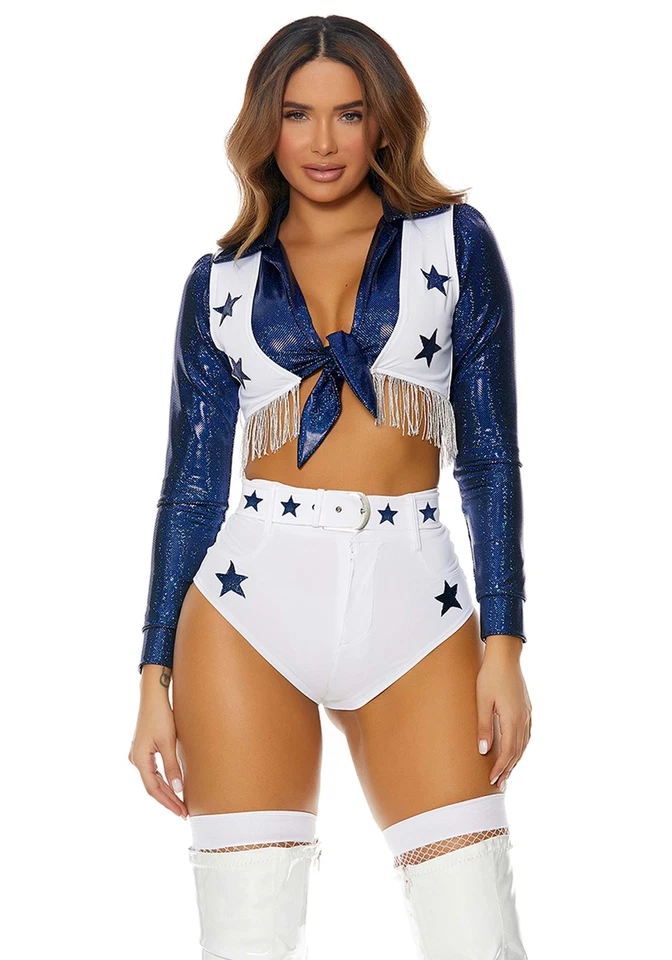 Forplay Women's Star Cheerleader Costume 4-Piece Halloween Outfit with Top Ve...