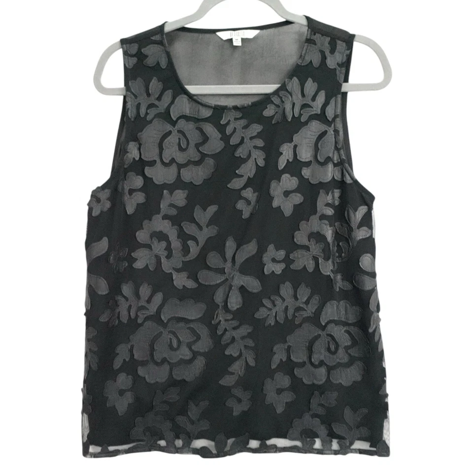 boho Black Mesh Sleeveless Top With Floral Faux Leather  M Office Going Out - Image 1 of 4