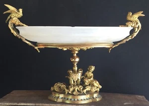 OLD VTG ANTIQUE FIGURAL SOLID BRASS PEDESTAL CENTER PIECE GLASS BOWL DISH BIRD - Picture 1 of 12