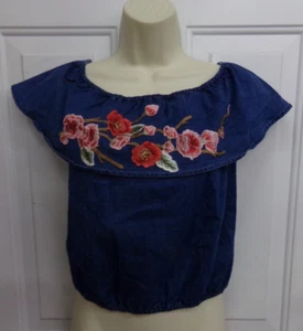 Blue Floral Embroidered Cropped Off The Shoulder Top Shirt Juniors Size Medium - Picture 1 of 3