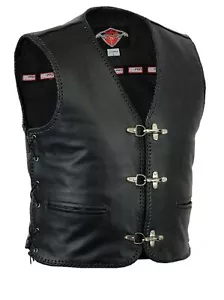 Leather Waistcoat Motorbike Fish Hook Clip Braided Biker Mens Motorcycle Vest - Picture 1 of 7