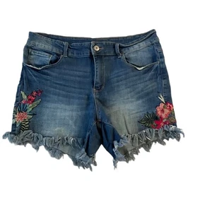 Terra Sky Blue Embroidered Distressed hem Pockets Denim Shorts Size 14W - Picture 1 of 6