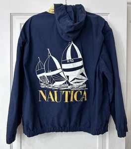 Vintage Nautica Sailing Big Logo Windbreaker Jacket Large Hideaway Hood Navy - Picture 1 of 7