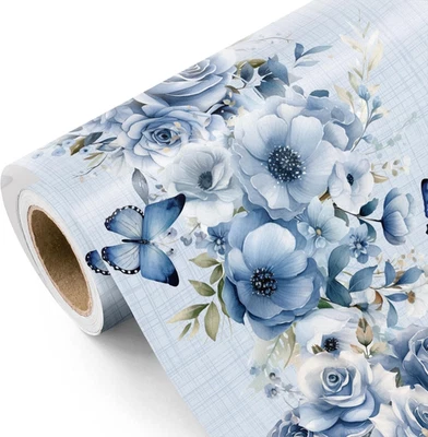 Dusty Blue Floral Wrapping Paper Roll - Mini Roll - 17 Inch X 9.8 Feet - - Image 1 of 4