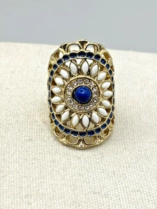 Vintage blau und weiß Perlen Kristall Mosaik durchbrochen vergoldet Sattelring - Bild 1 von 21