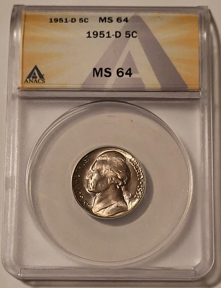 1951 D Jefferson Nickel MS64 ANACS Toned - Image 1 of 2