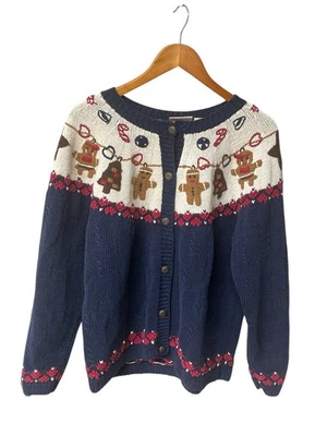 Vtg North Crest Christmas Sweater Womens XL Cardigan Holiday Grandmacore Navy - Image 1 of 4