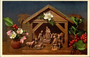 Cartolina d'epoca presepe di Natale in legno Alfred Mainzer Thor E Gyger religioso - Foto 1 di 3