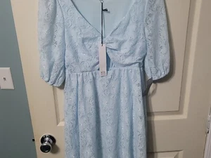 NSR Lt. Blue Puff Half Sleeve Lace Cutout Dress Women's XS NWT - Picture 1 of 11