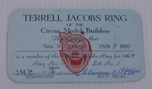 1964 CIRCUS MODEL BUILDERS MEMBERSHIP CARD, TERRELL JACOBS RING - Picture 1 of 2