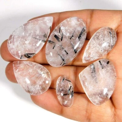 BLACK RUTILE QUARTZ Mix Cabochon Wholesale 6Pcs NATURAL Loose Gemstone 148.30Ct - Image 1 of 3