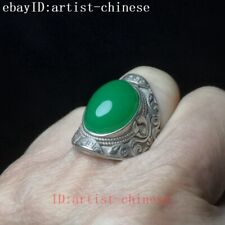 Chinese Tibet Silver carving flower inlay jade ring excellent Gift Collection