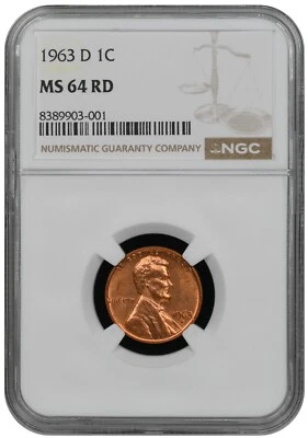 BEAUTIFUL 1963-D 1C Lincoln Cent NGC MS64 RD shiny! - Image 1 of 4