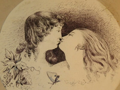 Ecole FRANCAISE XIX DESSIN ENCRE BAISER JEUNE HOMME FEMME ROMANTISME PAPILLON - Photo 1/3