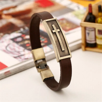 Retro Brown Leather Cross Bangle Viking Bracelet for Men Hip-Hop Wristband Gift - Image 1 of 4