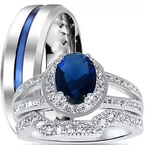 His Her Wedding Ring Set Sapphire Blue CZ Silver Steel Couples Rings Him Her - Picture 1 of 5