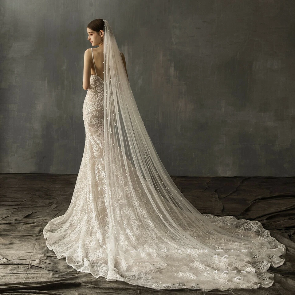 3M Catedral Largo Novia Boda Velo Tocado Perlas Metal Blanco Peine Foto 1 de 4