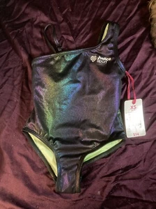 Justice Sport Girls Black Iridescent Swim Suit Body Suit One Piece Size XS 5 6 - Picture 1 of 6