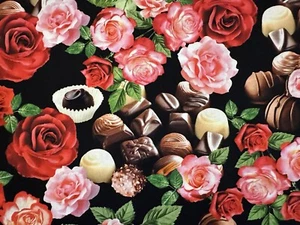 TRUE ROMANCE ROSES AND CHOCOLATES BY BENARTEX CANDY FLORAL Fabric 1/2 YD - Picture 1 of 12