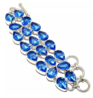 PULSERA CADENA PLATA ESTERLINA 925 TOPACIO AZUL LONDRES NATURAL 7,5” HECHA A MANO Foto 1 de 2