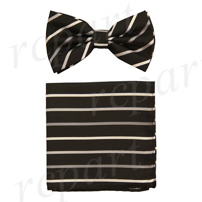 Conjunto de pajarita y pañuelo preatado de microfibra para hombre marrón dorado rayas a rayas formal  Foto 1 de 4