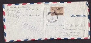 Sp 1941 WWII cover Mrs H H Fricke Pacific Commercial Co Manila Philippines to CA - Picture 1 of 2