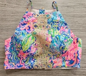 Lilly Pulitzer Halter Crop Top Navia Size 2 Padded Zip Lined Embroidered NB344 - Picture 1 of 13