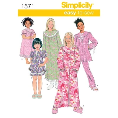 SIMPLICITY 1571 CHILDS & GIRLS' NIGHTWEAR Sewing Pattern Size 3-6 & 7-14  EASY - Image 1 of 4