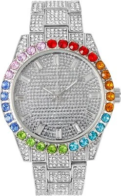 Reloj Hombre Helado Plateado Bling Rapero Simular Laboratorio Piedra Diamante Metal Banda de Lujo Foto 1 de 4