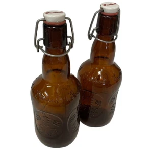 Grolsch Beer Bottles Amber Brown Glass Ceramic Flip Top Vintage Lot Of 2 - Picture 1 of 6