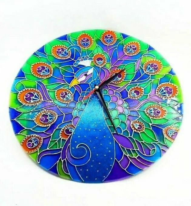Handpainted stained glass wall clock peacock /Blue Bird Home Decoration - Image 1 of 4
