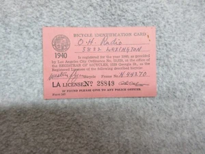1940 Los Angeles California  BICYCLE LICENSE  IDENTIFICATION CARD Registration - Picture 1 of 2