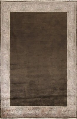 Bordered Transitional Nepalese Oriental DARK BROWN Area Rug Hand-knotted 8'x11' - Image 1 of 4
