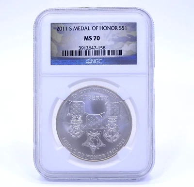 2011 S MEDAL OF HONOR Military Silver Commemorative Dollar CAMO Label NGC MS70 - Image 1 of 4