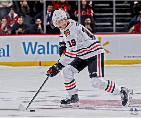 Jonathan Toews Chicago Blackhawks Unsigned White Jersey Skating Photograph Cover
