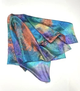 LOTUS Square Silk Scarf Tie Dye Blue Orange Purple Hand Rolled - Picture 1 of 9