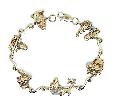 Рождественский тематический браслет из золота 10 карат с 3 бриллиантами 6,75 дюйма - Изображение 1 из 4
