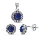 Halo Blue Sapphire & Cz .925 Sterling Silver Pendant & Earrings Set