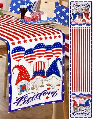 American Patriotic Table Runner with Red White & Blue Stripes & Gnomes New - Image 1 of 4