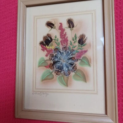 Vintage Prairie Pictures Orig. Feather-Flower Craft Signed Ida Bisek Prokop - Image 1 of 4
