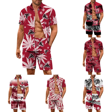Atlanta Falcons Mens Hawaiian Outfits Button Casual Top Pockets Board Shorts Cover