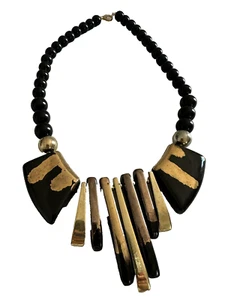 Necklace Womens Vintage Japan Black Gold Chunky Statement A1 - Picture 1 of 8