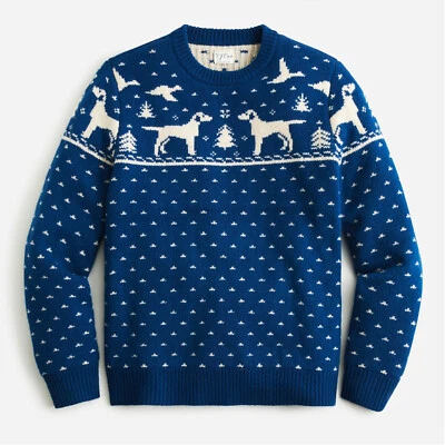 NWT J.Crew 100% Wool Labrador Dog Blue Sweater Fair Isle Winter Duck Heavyweight - Image 1 of 4